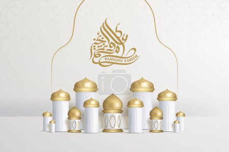Téléchargez les illustrations : Ramadan kareem arabique calligraphie réaliste mosquée or - en licence libre de droit