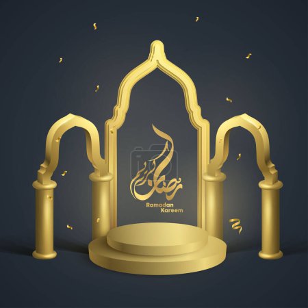 Téléchargez les illustrations : Calligraphie arabe Ramadan kareem avec un design réaliste de podium en or - en licence libre de droit