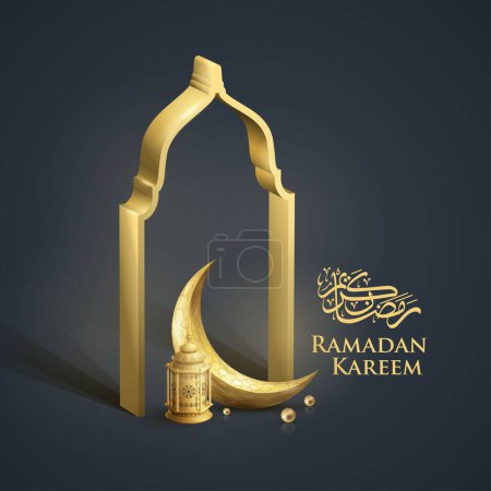 Téléchargez les illustrations : Ramadan kareem croissant d'or réaliste et design lanttern islamique - en licence libre de droit