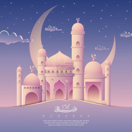 Illustration for Eid Mubarak background in purple color with mosque illustration, arabic calligraphy for eid mubarak greeting background - Royalty Free Image