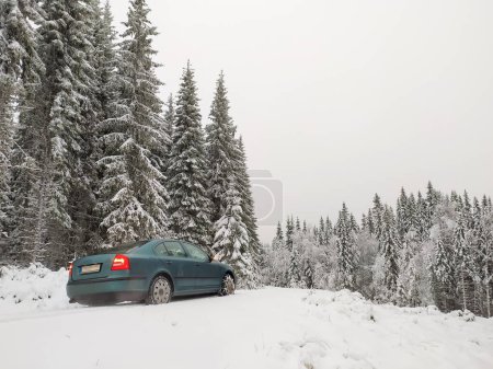 Téléchargez les photos : Voiture de tourisme traversant le paysage enneigé et la forêt (temps arctique nordique en hiver) - avec chaînes de neige allumées - de l'arrière - en image libre de droit