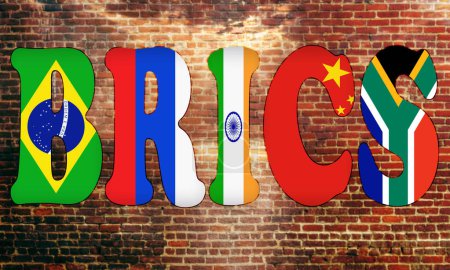 Foto de Las banderas individuales del diseño abstracto de BRICS retrataron cada letra B, BRICS: acrónimo para Brasil, Rusia, India, China y Sudáfrica. Las economías de más rápido crecimiento del mundo, símbolo en el muro de ladrillo borroso - Imagen libre de derechos