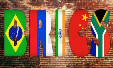 Foto de Las banderas individuales del diseño abstracto de BRICS retrataron cada letra A, BRICS: acrónimo para Brasil, Rusia, India, China y Sudáfrica. Las economías de más rápido crecimiento del mundo, símbolo en el muro de ladrillo borroso - Imagen libre de derechos