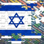 Israel Flag as incomplete jigsaw showing on top of computer script, abstract of communication code