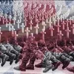 Marching Military and Cemetery, design of cruelty of war, multiple exposure of marching solders and field of cemetery crosses blended with UK flag as background