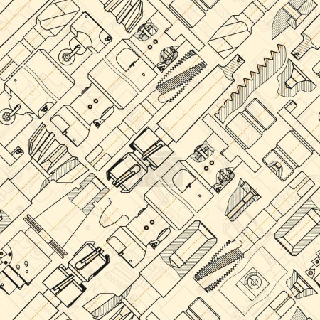 Illustration for Mechanical engineering drawings on sepia background. Tap tools, borer. Technical Design. Cover. Blueprint. Seamless pattern. Vector illustration - Royalty Free Image