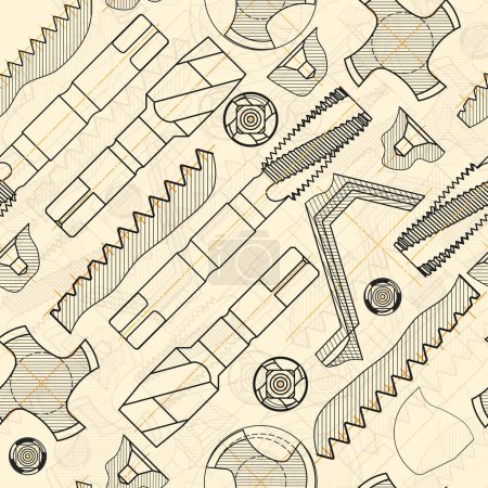 Mechanical engineering drawings on sepia background. Tap tools, borer. Technical Design. Cover. Blueprint. Seamless pattern. Vector illustration