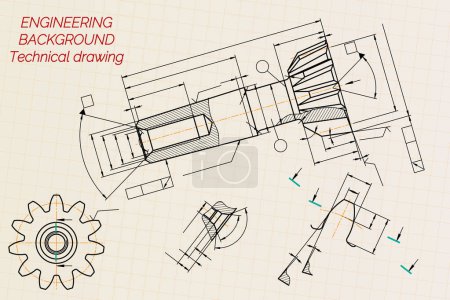 Illustration for Mechanical engineering drawings on sepia background. Tap tools, borer. Technical Design. Cover. Blueprint. Vector illustration - Royalty Free Image