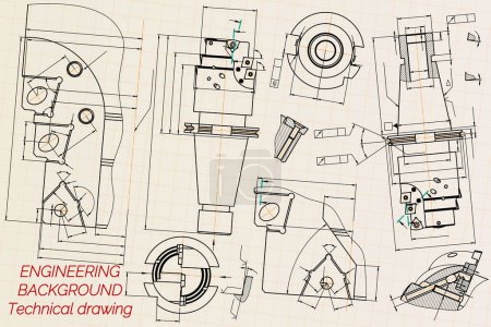 Illustration for Mechanical engineering drawings on sepia background. Tap tools, borer. Technical Design. Cover. Blueprint. Vector illustration - Royalty Free Image