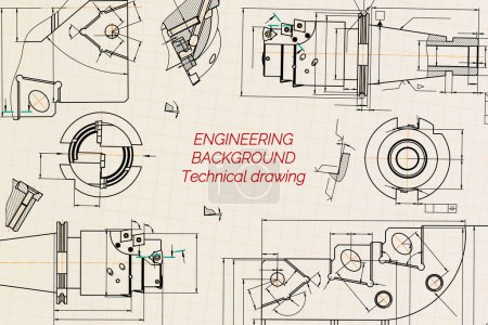 Mechanical engineering drawings on sepia background. Tap tools, borer. Technical Design. Cover. Blueprint. Vector illustration