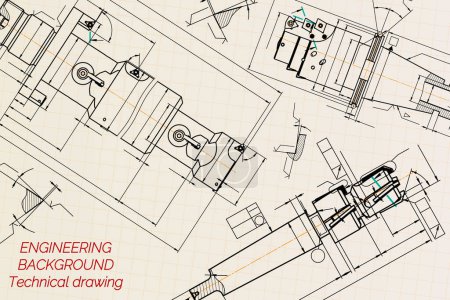 Mechanical engineering drawings on sepia background. Tap tools, borer. Technical Design. Cover. Blueprint. Vector illustration