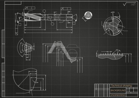 Mechanical engineering drawings on black background. Tap tools, borer. Technical Design. Cover. Blueprint. Vector illustration