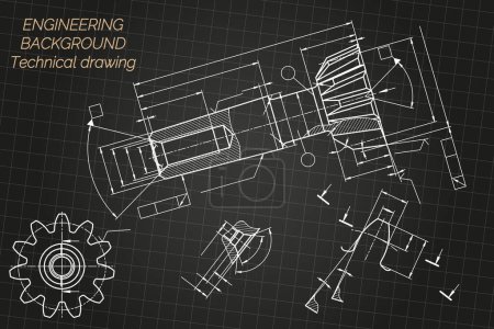 Mechanical engineering drawings on black background. Tap tools, borer. Technical Design. Cover. Blueprint. Vector illustration