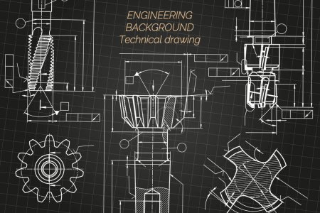 Illustration for Mechanical engineering drawings on black background. Tap tools, borer. Technical Design. Cover. Blueprint. Vector illustration - Royalty Free Image