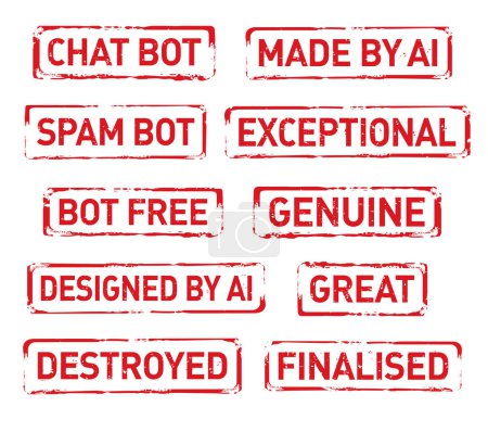 Photo for Set Red grunge stamp CHAT BOT, SPAM BOT, EXCEPTIONAL, GENUINE, GREAT, FINALISED. Vector Illustration. - Royalty Free Image
