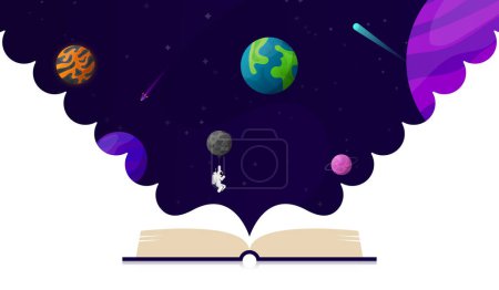 Téléchargez les illustrations : Livre ouvert avec planètes et espace. Concept imaginaire. Illustration vectorielle - en licence libre de droit