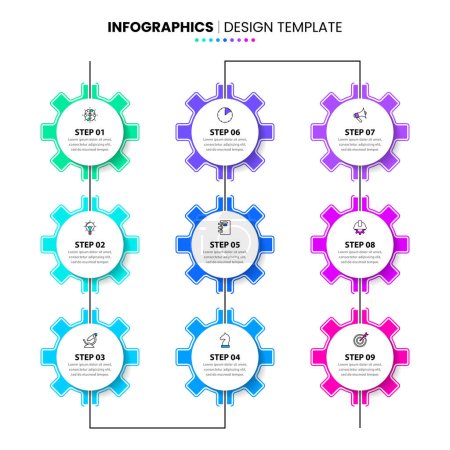 Illustration for Infographic template with icons and 9 options or steps. Can be used for workflow layout, diagram, banner, webdesign. Vector illustration - Royalty Free Image