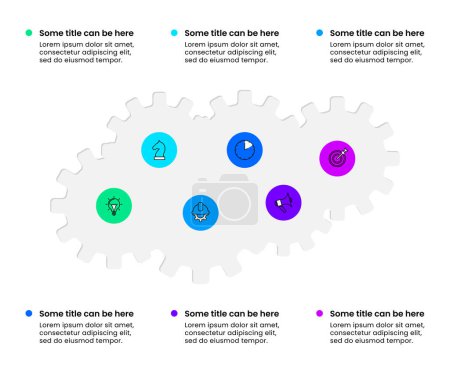 Illustration for Infographic template with icons and 6 options or steps. Connected gears. Can be used for workflow layout, diagram, banner, webdesign. Vector illustration - Royalty Free Image