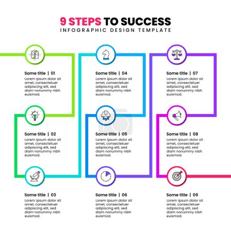 Illustration for Infographic template with icons and 9 options or steps. Path to success. Can be used for workflow layout, diagram, banner, webdesign. Vector illustration - Royalty Free Image