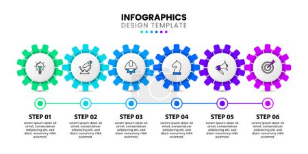 Illustration for Infographic template with icons and 6 options or steps. Gears in row. Can be used for workflow layout, diagram, banner, webdesign. Vector illustration - Royalty Free Image
