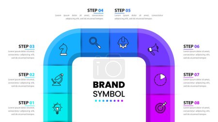 Illustration for Infographic template with 8 options or steps. Timeline. Can be used for workflow layout, diagram, banner, webdesign. Vector illustration - Royalty Free Image