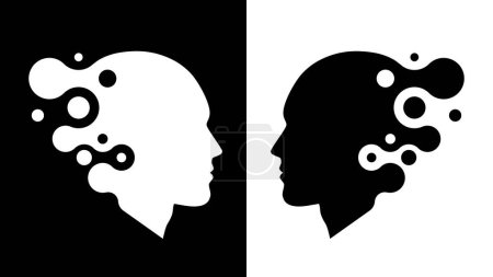 Téléchargez les illustrations : 2 faces abstraites en noir et blanc de profil. Fond artistique. Illustration vectorielle - en licence libre de droit