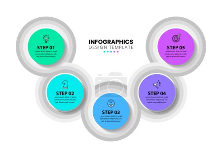 Illustration for Infographic template with icons and 5 options or steps. Connected circles. Can be used for workflow layout, diagram, banner, webdesign. Vector illustration - Royalty Free Image