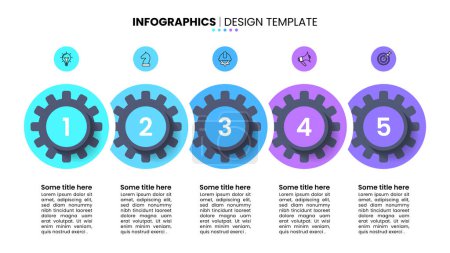 Infografik-Vorlage mit Symbolen und 5 Optionen oder Schritten. Zahnräder in Reihe. Kann für Workflow-Layout, Diagramm, Banner, Webdesign verwendet werden. Vektorillustration