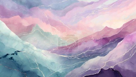 Ilustración de Sueños serenos de montaña: Horizonte de mármol pastel" - Imagen libre de derechos