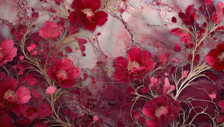 Rich Floral Symphony: Crimson Marble Abstraction