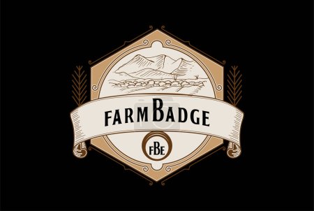 Téléchargez les illustrations : Vintage Hipster Hexagonal Mountain Hill Farm Field Badge Emblème Étiquette Logo Design - en licence libre de droit