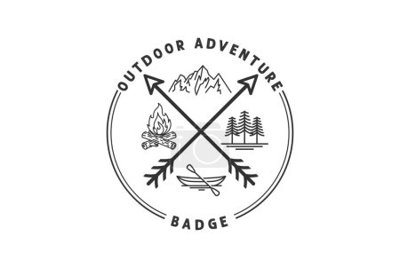 Illustration for Vintage Retro Crossed Arrowhead with Mountain Bonfire Boat and Forest for Hunting Outdoor Adventure Badge Emblem - Royalty Free Image