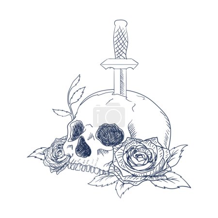 Téléchargez les illustrations : Un crâne humain avec des roses et un croquis de tatouage poignard sur fond blanc illustration - en licence libre de droit