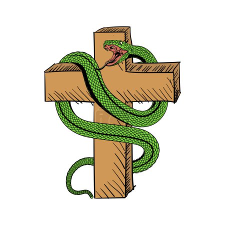 Téléchargez les illustrations : Croix chrétienne Jésus en bois vintage avec serpent vert Cobra Illustration Design Vector - en licence libre de droit