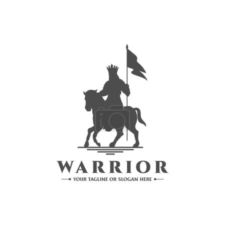 Illustration for Horse Knight Silhouette, Medieval Horseman Horseback Warrior bring Pike Spear War Banner Flag Silhouette Logo - Royalty Free Image