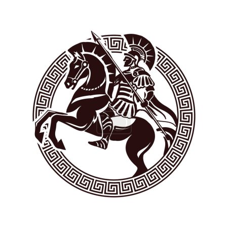 Illustration for Retro Vintage Greek Sparta Spartan Horseback Knight Warrior with Coin Ornament Shape, Illustration Design Vector - Royalty Free Image