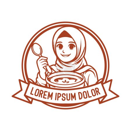 Hijab Muslim Girl Mujeres con cuchara e insignia de taza Etiqueta de emblema para cocinar Chef o Catering Food Illustration