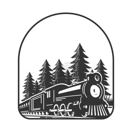 Vintage Old Steam Locomotive Train with Pine Cedar Evergreen Trees Forest Illustration Vector