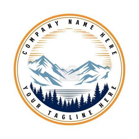Sunset Lake River Swamp Mountain Trees Forest for Outdoor Adventure Badge Emblem Label Design Vector