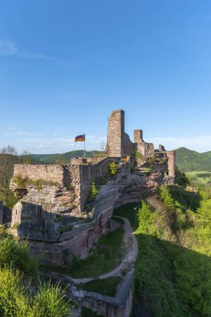 Photo for Altdahn castle massif, here the view from the Grafendahn castle ruins to the Altdahn castle ruins near Dahn. Region Palatinate in the federal state of Rhineland-Palatinate in Germany - Royalty Free Image