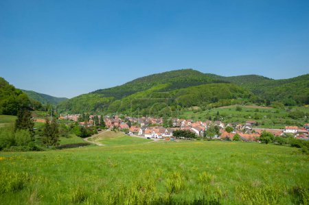 Photo for Landscape in the Palatinate Forest Nature Park and the village of Eusserthal with the former monastery church. Region Palatinate in the federal state of Rhineland-Palatinate in Germany - Royalty Free Image