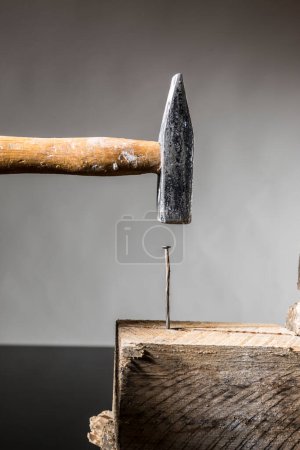 Photo for Hammer hits a nail into a plank of wood - Royalty Free Image