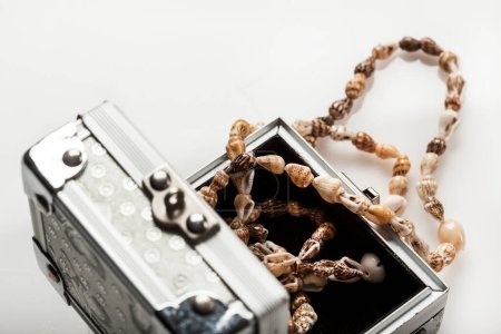Foto de Collar de conchas dentro de una pequeña caja de metal sobre un fondo blanco - Imagen libre de derechos