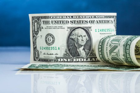 Photo for Rolled dollar bills, on a blue background - Royalty Free Image