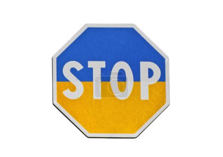 Photo for "STOP" road sign in the colors of Ukraine isolated on white background - Royalty Free Image