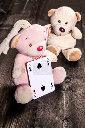 Photo for Toy bears and cards with wooden background - Royalty Free Image