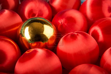 Photo for Christmas decoration of red baubles on a red background - Royalty Free Image