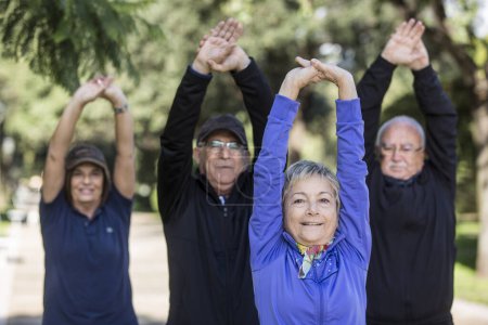Photo for Group of happy seniors dressed in sportswear , do exercise in a city park - Royalty Free Image