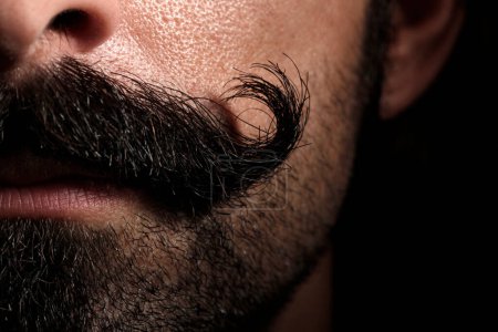 Detail of a "handlebar" mustache of a white man