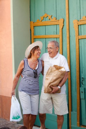 Foto de Feliz pareja de ancianos con bolsas en frente de la casa - Imagen libre de derechos